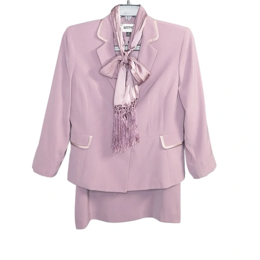 Kasper Petites 12 12P Dusty Purple‎ Silk Trim Scarf Skirt Suit Set 3 Piece Work
